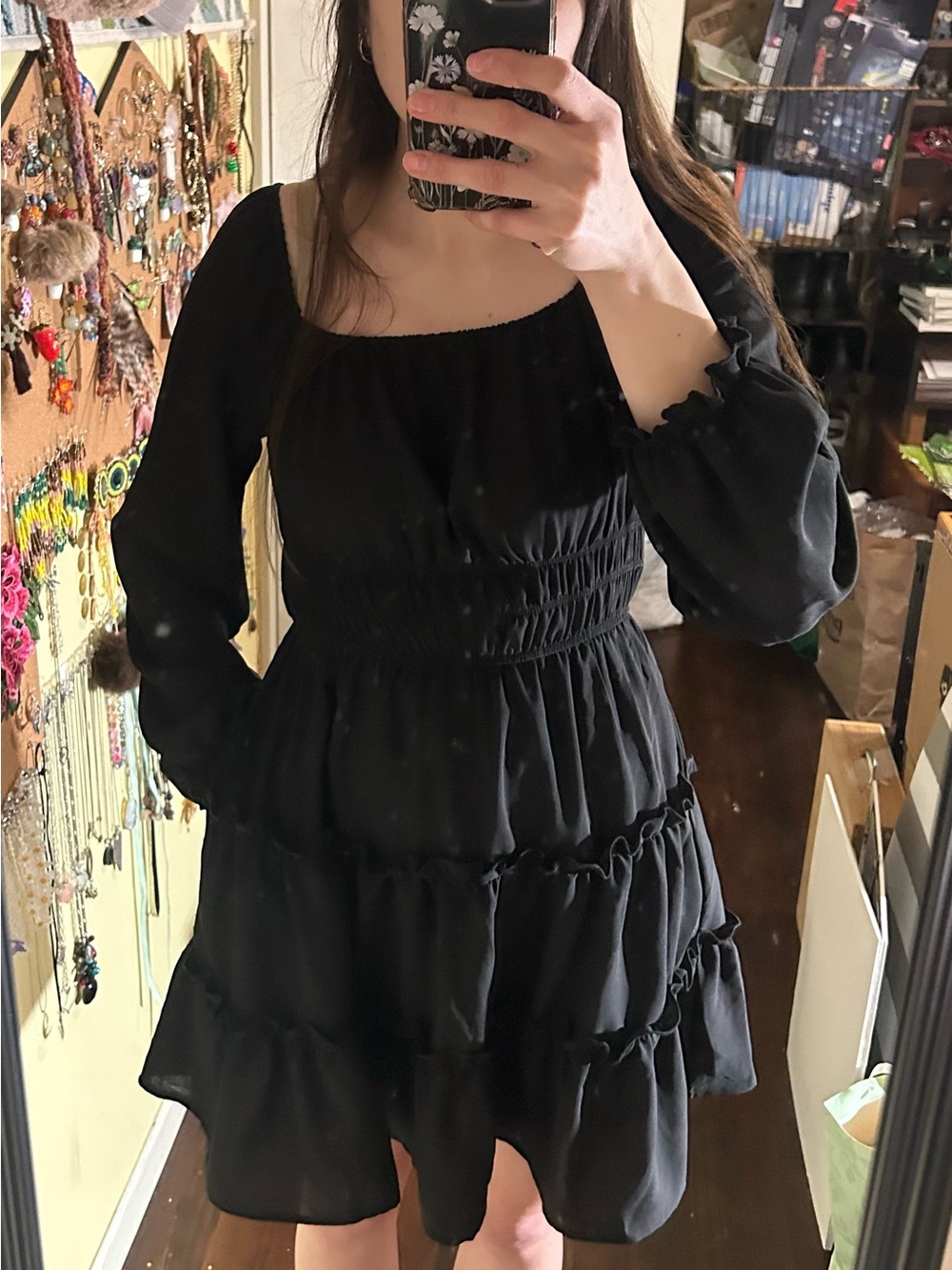 Black Tiered Long-Sleeve Women's Dress